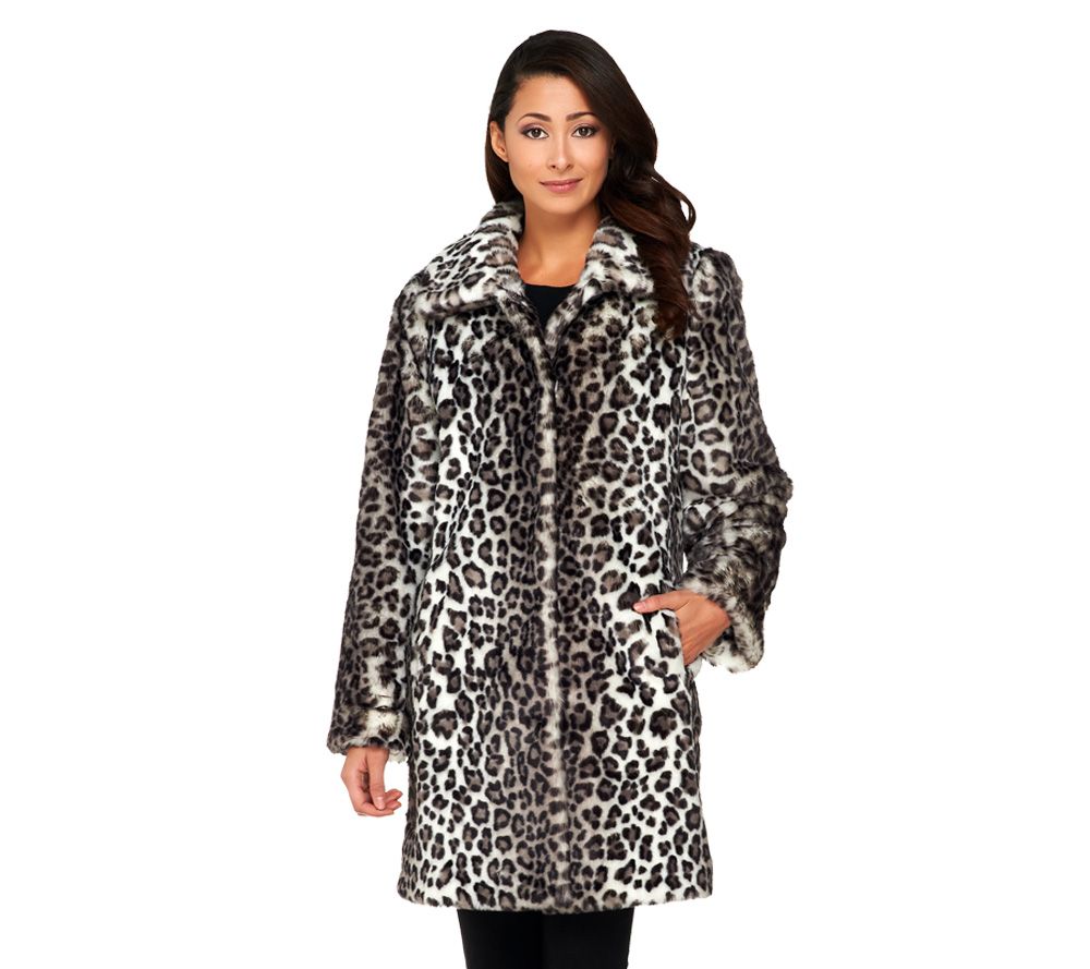 Dennis Basso Leopard Print Faux Fox Fur Fully Lined Coat - A229349