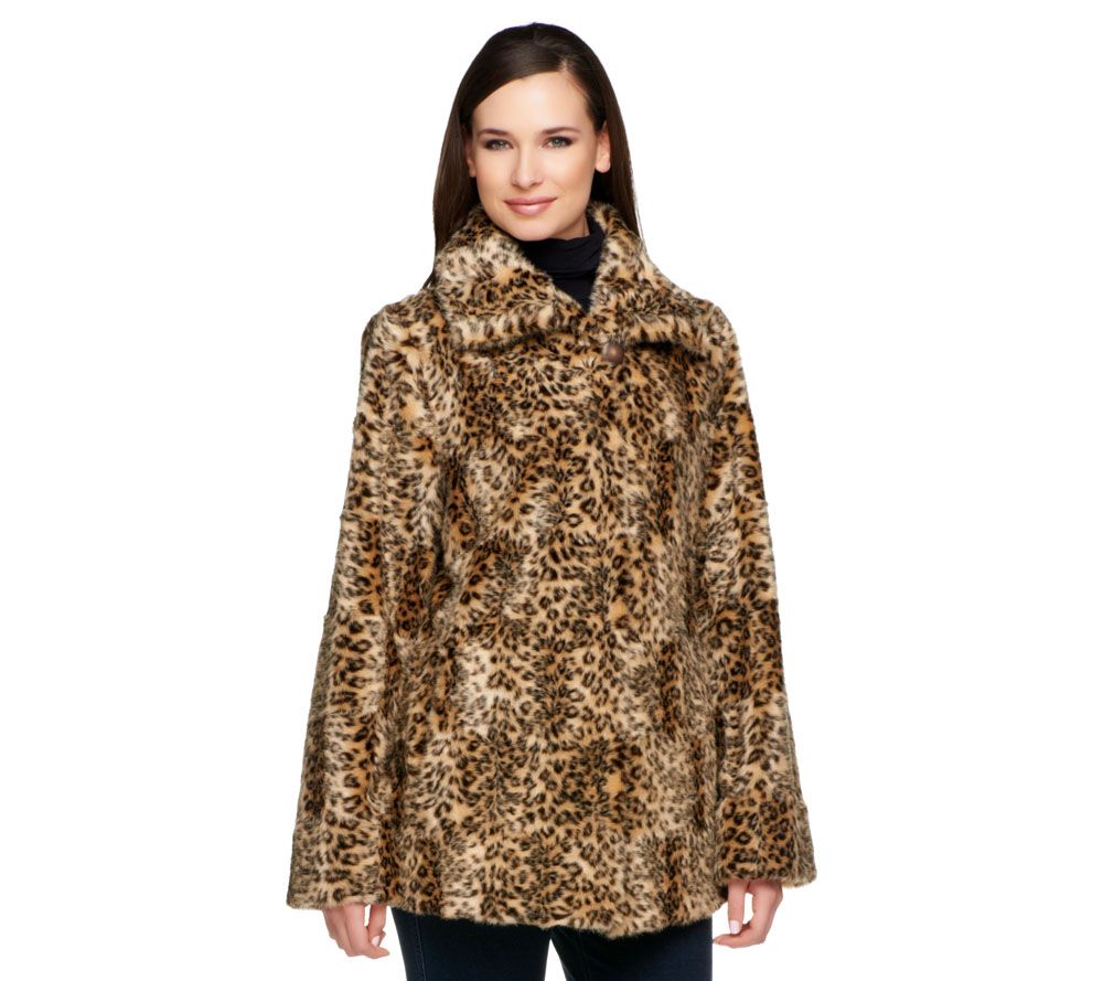 Dennis Basso Leopard Print Crushed Flat Faux Fur Coat w/ Wing Collar - A229749