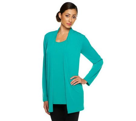 Susan Graver Liquid Knit Cardigan Set w/ Pleat Shoulder Detail - A231249