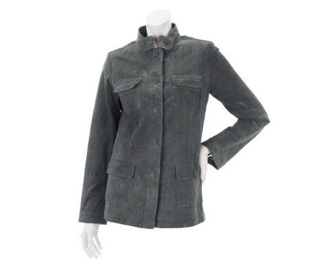 Dennis Basso Washable Suede Mandarin Collar Safari Jacket - A231849