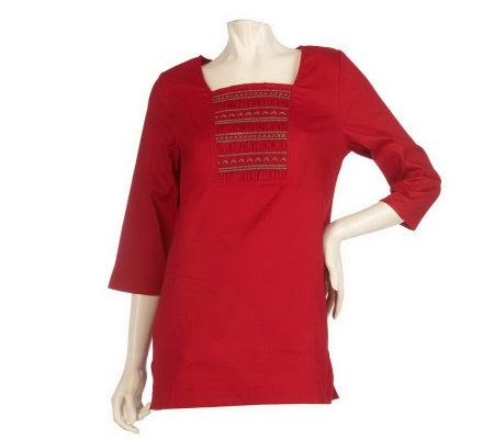 As Is Denim & Co. 3/4 Sleeve Stretch Twill Tunic Smocking Detail - A236249