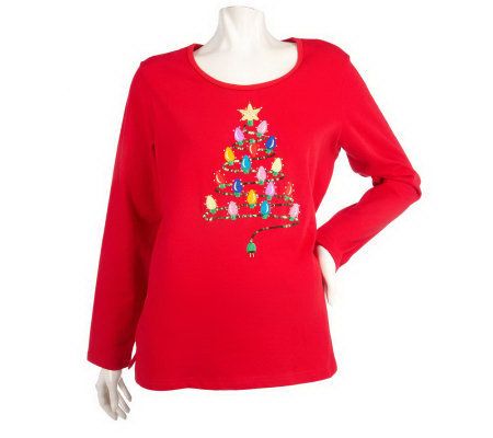 Quacker Factory Christmas Light Scoop Neck Long Sleeve T-Shirt - A93849