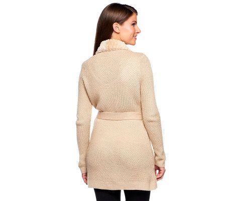 Dennis Basso Sweater Cardigan with Faux Chinchilla Fur Trim & Belt