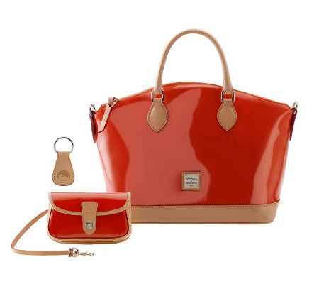 Dooney & Bourke Patent Leather Satchel with Vachetta Trim & Accessories - A3950