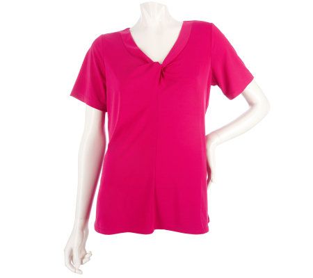 Susan Graver Liquid Knit Short Sleeve Top with Knotted V-neck - A200651