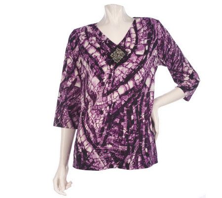 Susan Graver Liquid Knit Printed V-Neck Top with Embellishment - A209551