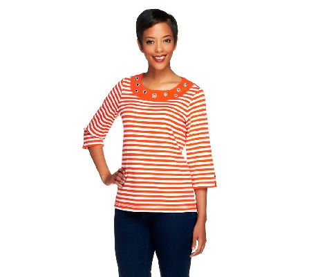 Quacker Factory Striped Rhinestone Grommet T-shirt - A213151