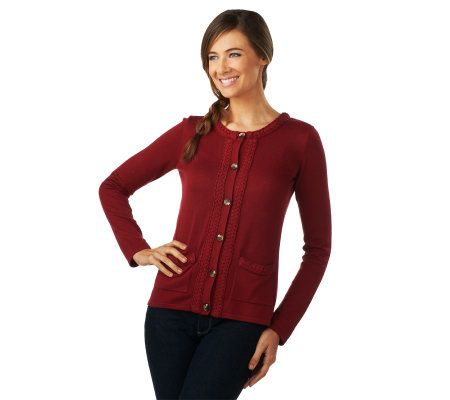 Liz Claiborne New York Button Front Cardigan with Braided Trim - A218351