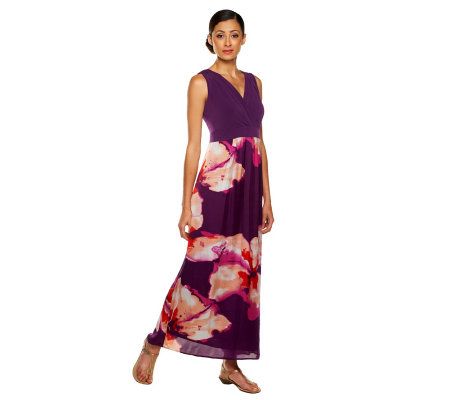 Susan Graver Floral Print Charmeuse V-neck Maxi Dress