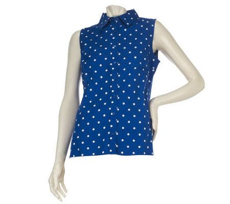 Denim & Co. Sleeveless Polka Dot Button Down Woven Shirt - A224651
