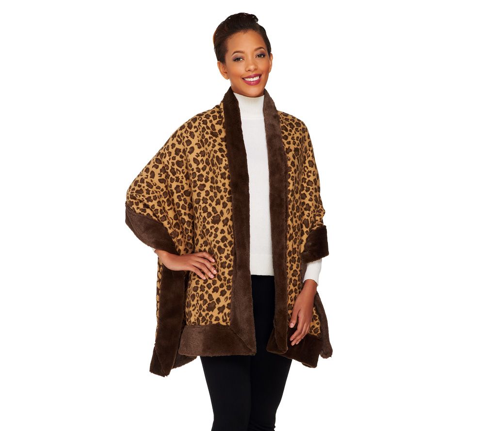 Dennis Basso Leopard Print Jacquard Shawl with Faux Fur Trim - A229751