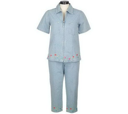 As Is Denim & Co. Zip Front Shirt and Original Waist Crop Pants - A237151