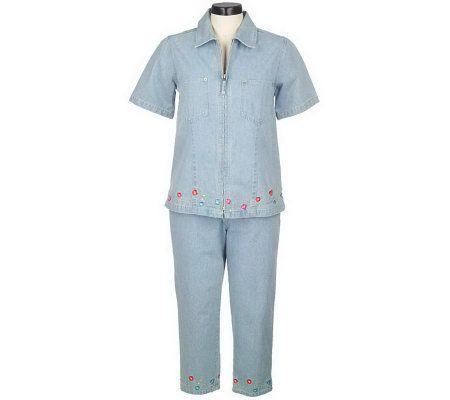 As Is Denim & Co. Zip Front Shirt and Original Waist Crop Pants - A237151