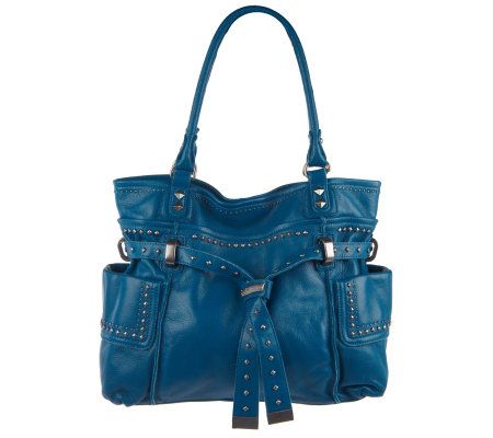 B.Makowsky Glove Leather Belted Pocket Satchel with Stud Accents - A203052