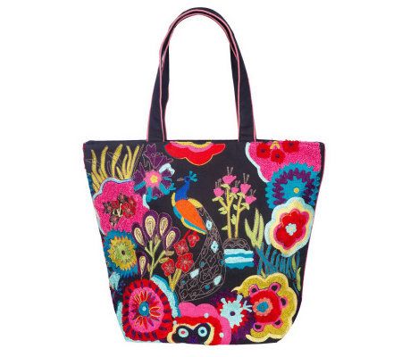Jesselli Couture Peacock Embroidered Cotton Tote - A204052