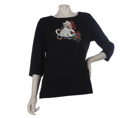 Bob Mackies Novelty Embroidered 3/4 Sleeve Jewel Neck Top - A219652