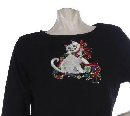 Bob Mackies Novelty Embroidered 3/4 Sleeve Jewel Neck Top