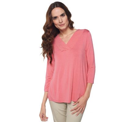 Liz Claiborne New York 3/4 Sleeve V-neck Pleated Knit Top - A220152