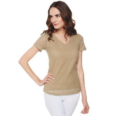 Liz Claiborne New York Short Sleeve V-neck Crochet T-Shirt - A222152