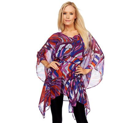Kris Jenner Kollection Abstract Print Sheer Poncho with Tie Belt - A223752