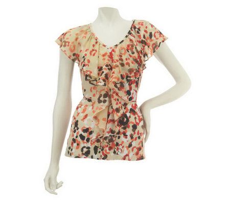 George Simonton Printed Top w/Chiffon Capelet & Ruffle Front - A224852