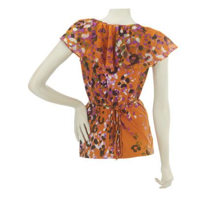 George Simonton Printed Top w/Chiffon Capelet & Ruffle Front