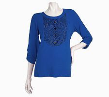 Susan Graver Liquid Knit Beaded Front Ruched Sleeve Top