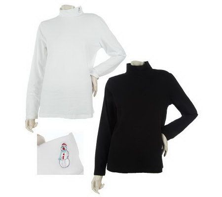 Denim & Co. Set of 2 Motif & Solid Mock Neck Tops - A210653