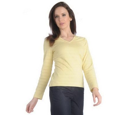 Liz Claiborne New York Pique Stripe Long Sleeve V-Neck T-Shirt - A212253