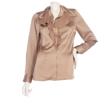 Dennis Basso Stretch Matte Charmeuse Ruffle Front Blouse - A217453