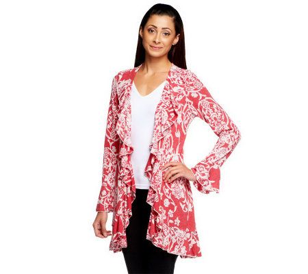 Attitudes by Renee Ruffle Front Floral Scroll Print Cardigan - A227653