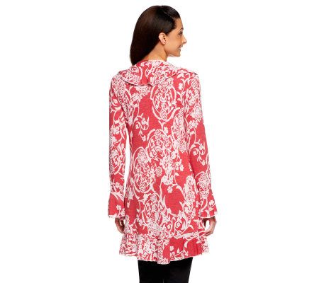 Attitudes by Renee Ruffle Front Floral Scroll Print Cardigan