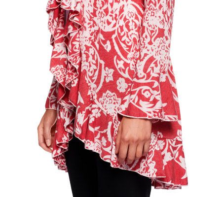 Attitudes by Renee Ruffle Front Floral Scroll Print Cardigan