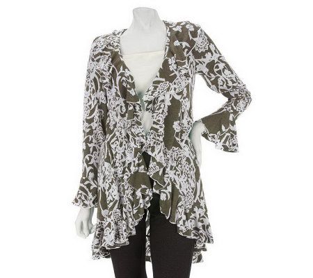 Attitudes by Renee Ruffle Front Floral Scroll Print Cardigan - A227653
