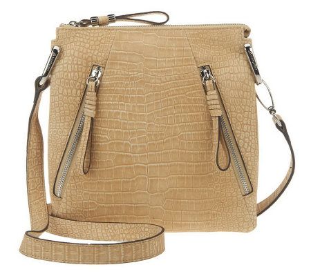 B.Makowsky Sun Washed Croco Zip Top Crossbody with Zipper Pockets - A230953