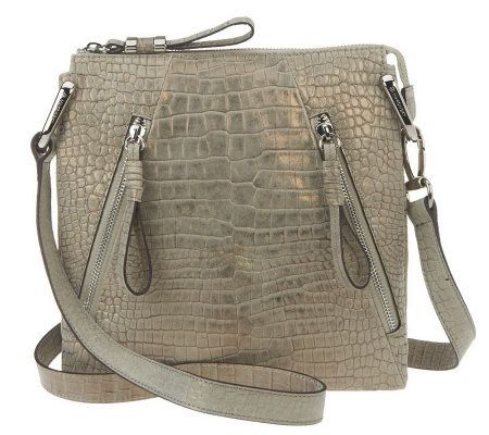 B.Makowsky Sun Washed Croco Zip Top Crossbody with Zipper Pockets - A230953