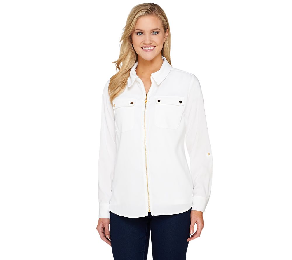 Susan Graver Solid Stretch Peachskin Zip Front Jacket with Gold Snaps - A231253