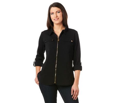 Susan Graver Solid Stretch Peachskin Zip Front Jacket with Gold Snaps - A231253