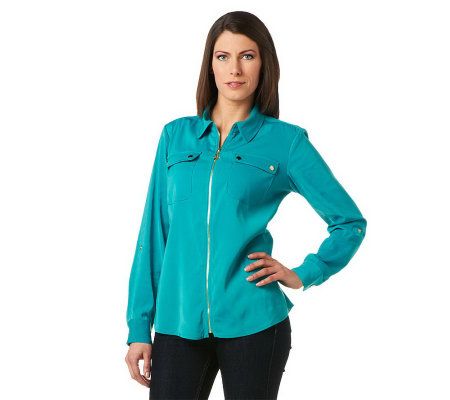 Susan Graver Solid Stretch Peachskin Zip Front Jacket with Gold Snaps - A231253