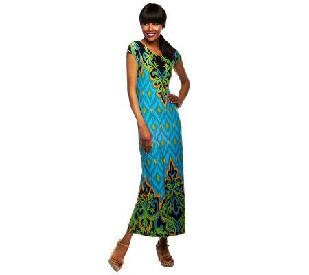 Bob Mackies Balinese Ikat Printed Maxi Dress w/ Side Slit - A232553