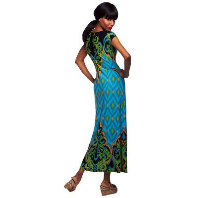 Bob Mackies Balinese Ikat Printed Maxi Dress w/ Side Slit