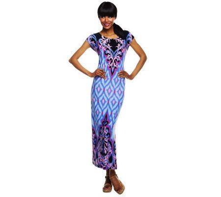Bob Mackies Balinese Ikat Printed Maxi Dress w/ Side Slit - A232553