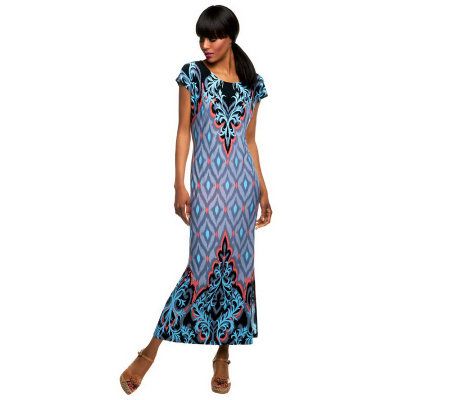 Bob Mackies Balinese Ikat Printed Maxi Dress w/ Side Slit - A232553