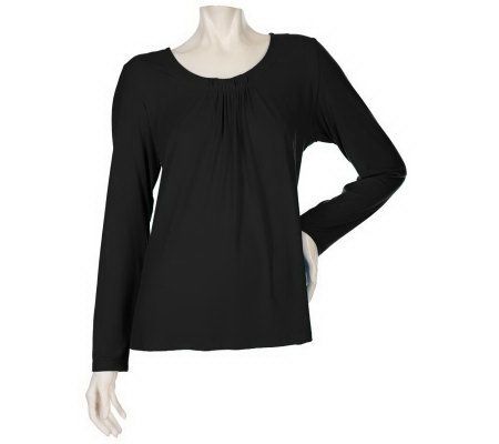 Susan Graver Liquid Knit Top with Shirred Elastic Neck Detail - A91753