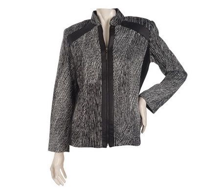 Susan Graver Jacquard Knit Zip Front Jacket w/Faux Leather Trim - A217954
