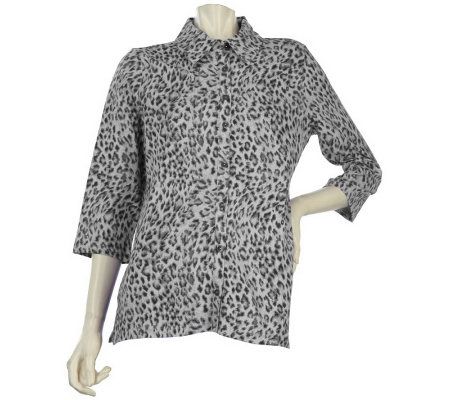 Denim & Co. 3/4 Sleeve Leopard Print Button Front Big Shirt - A218954