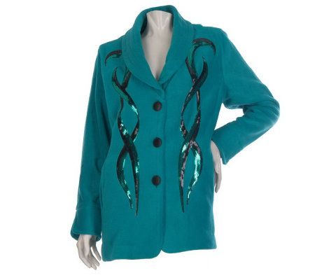 Bob Mackies Twisted Spangle Button Front Fleece Jacket w/Shawl Collar - A219554