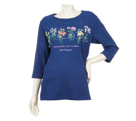 Quacker Factory Whats Old is New Floral Bouquet 3/4 Sleeve T-shirt - A222154