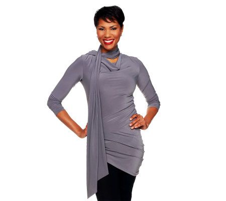 Attitudes by Renee Drape Neck Asymmetrical Hem Top - A227654