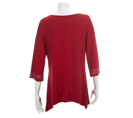 Quacker Factory DreamKnit Trapeze 3/4 Sleeve Top w/ Stone Detail